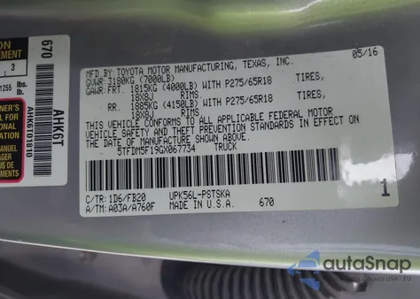 2016 Toyota Tundra Sr5 4.6L V8 z USA, uszkodzony, nr VIN 5TFDM5F19GX067734